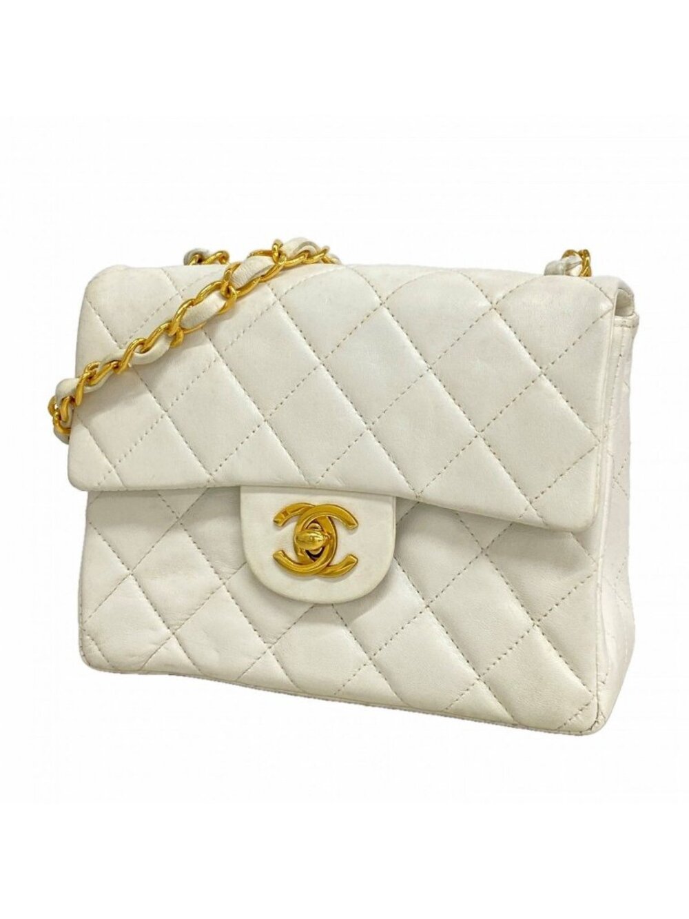 Chanel Shoulder Bag Mini Quilted Lambskin White Gold